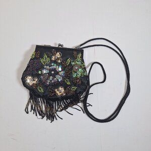 Vintage Black Satin Beaded Evening Bag With Floral Sequin Design & Fringe Detail